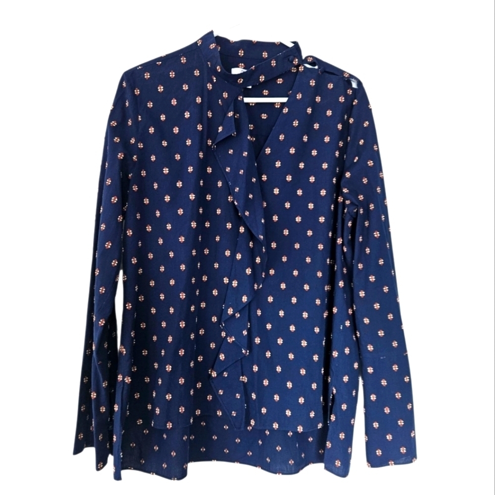 Derek Lam 10 Crosby Navy Blue Pattern Blouse Size 2 Misding Button